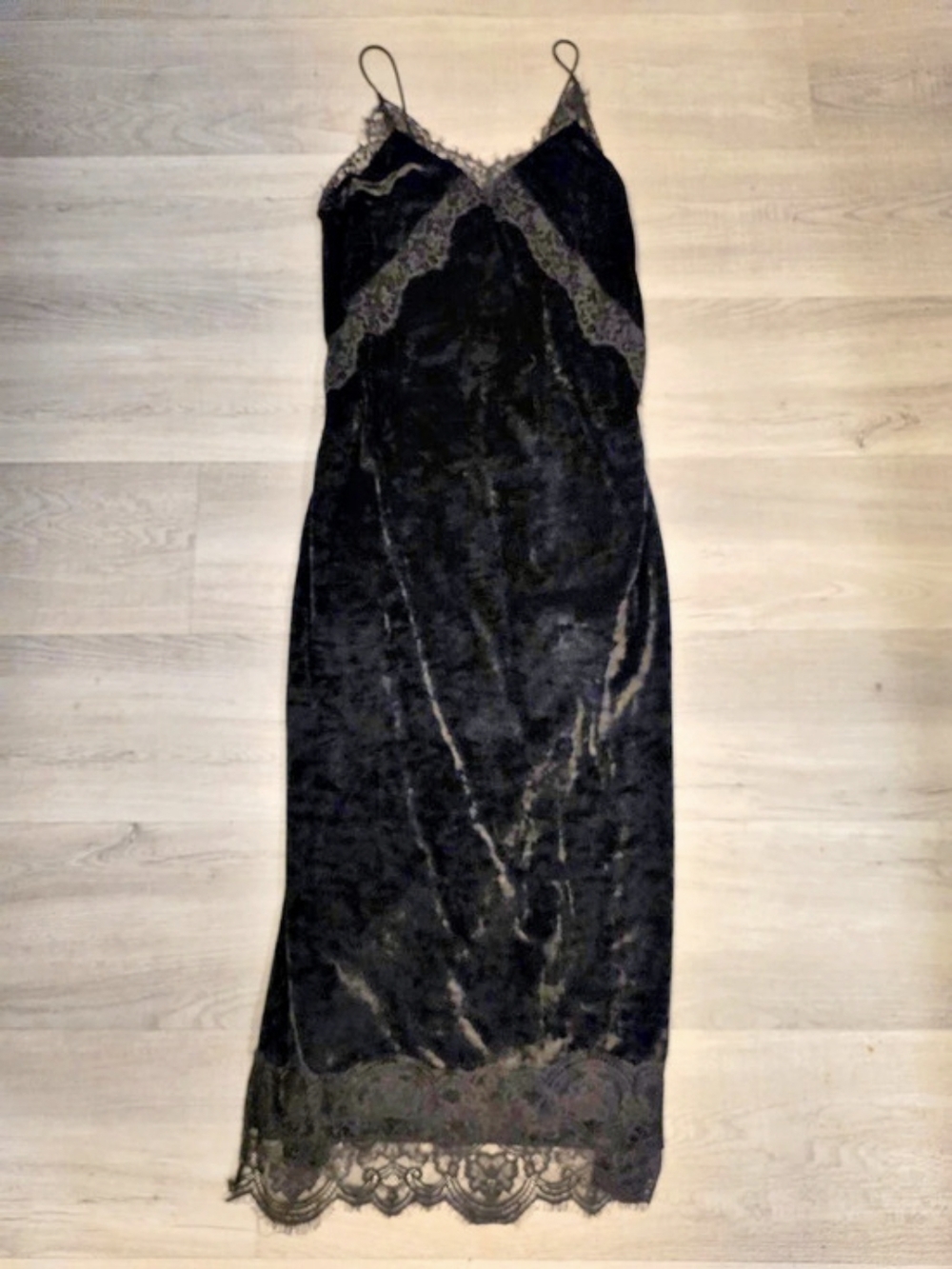 Zara Black Velvet Lace Trim Maxi Slip Dress Sz S